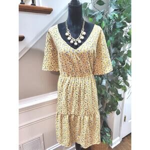 Sheln Women's Yellow Polyester V-Neck Half Sleeve Casual knee Length Dress XL